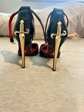 Black Patent Stiletto Heels | Gold Dagger Heels | Red Lace Soles